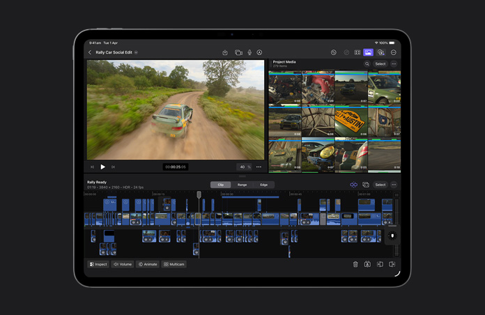 iPad Pro 13 screen, Final Cut Pro interface and timeline featuring green car driving on an open road