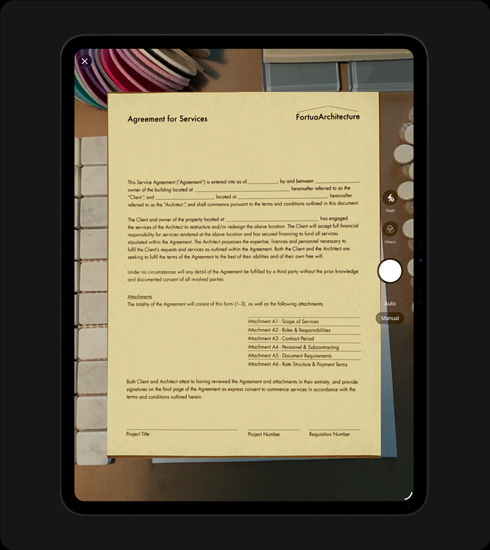 iPad Pro, front exterior, portrait orientation, space black colour, display showing a scanned document titled ‘Agreement for Services’ with text and signature lines clearly visible