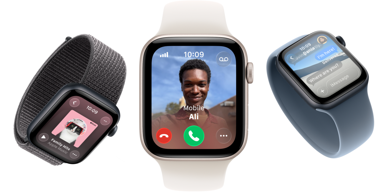 Apple Watch SE 3 устройства, алуминиев корпус, в астро бяло и полунощно, Sport Loop, тъмносив цвят, Solo Loop, цвят лек руж, Solo Loop, металносин цвят, екрани: Apple Music, входящо обаждане, Съобщения