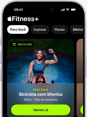 iPhone mostrando a aba Para Você do app Apple Fitness+ recomendando um treino de bicicleta.