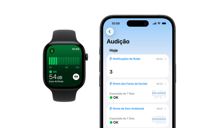 Apple Watch Series 12 com caixa preta de alumínio, app Ruído, pulseira esportiva preta, resumo diário de Audição detalhado na tela do iPhone emparelhado