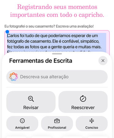 O recurso Ferramentas de Escrita está em uso com as opções Revisar, Reescrever, Amigável, Profissional e Conciso