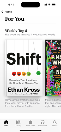 iPhone screen displaying the For You section in the Books app. The Weekly Top 5 list is shown