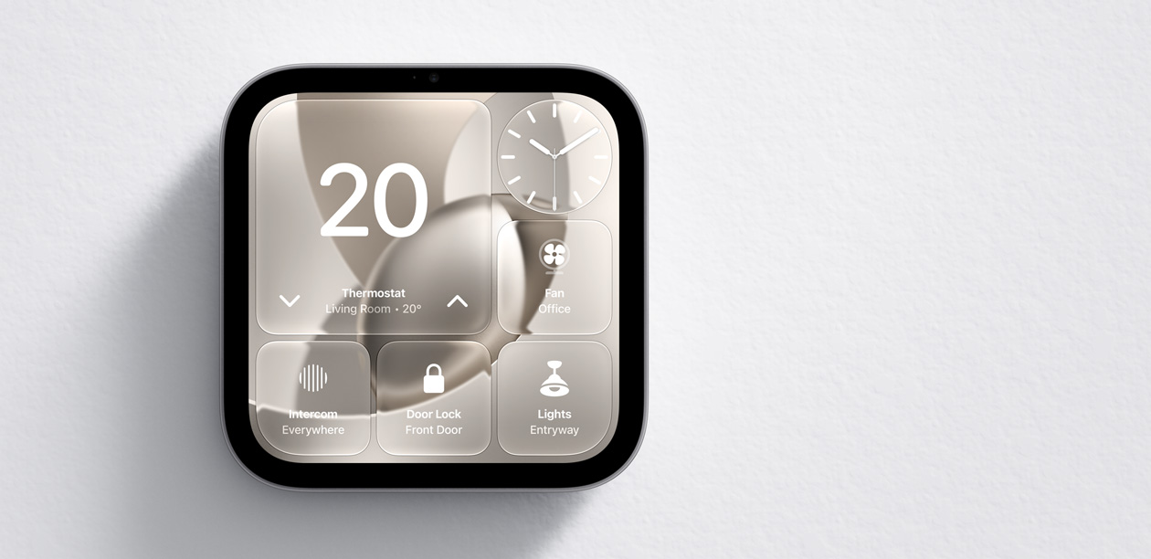 Apple HomeView, screen shows Home app with thermostat at 68 degrees, clock, front door camera feed, Morning Routine scene, door lock, and light controls