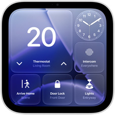 Apple HomeView display, screen shows Home app dashboard with thermostat set to 20 degrees, analog clock, intercom, Arrive Home scene, door lock, and lights controls