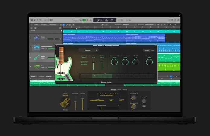 Écran de MacBook Pro 16 pouces, interface de Logic Pro avec interprètes Session Player basés sur l’IA et fenêtre de basse des années 1960 ouverte montrant différents volumes sonores