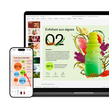 Vue de face d’un Mac et d’un iPhone affichant différentes sections d’une présentation très colorée sur un produit pour la peau.