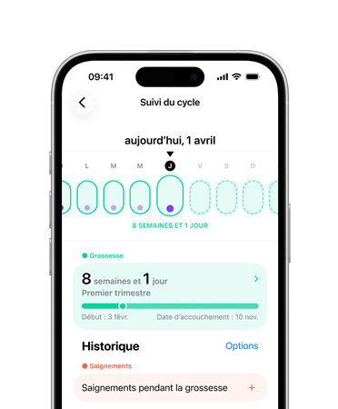 iPhone, Suivi du cycle dans l’app Santé programmée pour faire le suivi des étapes de la grossesse