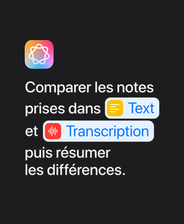 Icône d’Apple Intelligence et requête demandant de comparer les notes prises dans Texte et Transcription, puis de résumer les différences