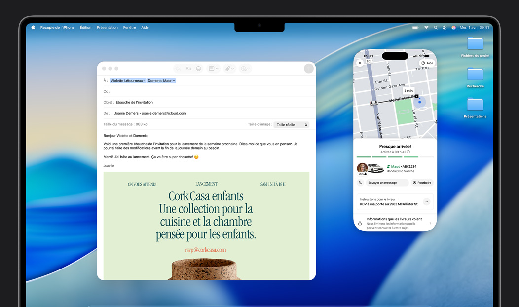 MacBook Pro, app Mail ouverte, écran d’un iPhone recopié sur l’écran du MacBook Pro annonçant l’arrivée d’une commande Uber Eats