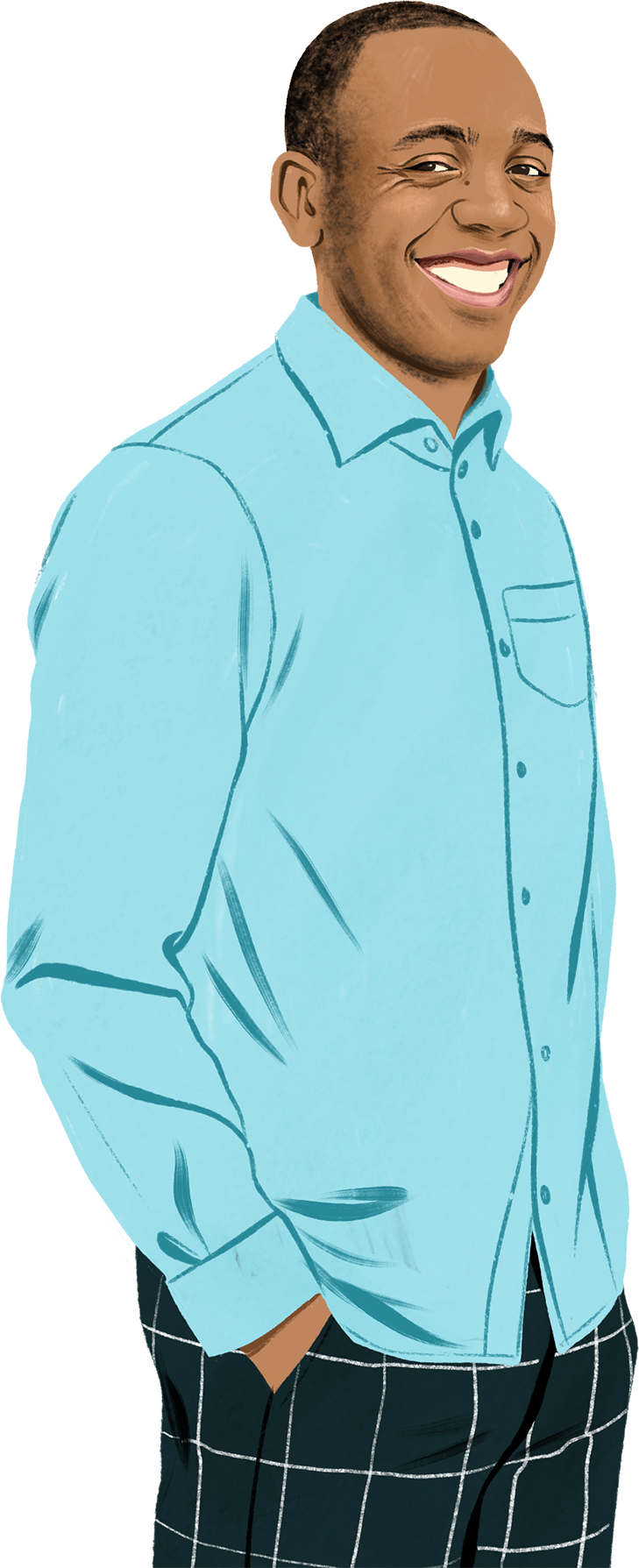 Portrait illustré de Brian qui sourit et nous regarde, entouré d’illustrations d’iPad, d’iPhone et de cadenas.