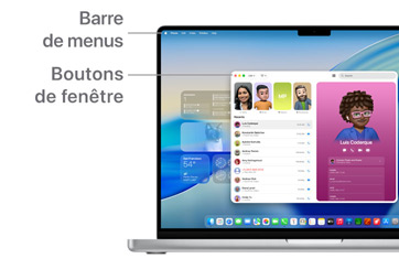 Aperçu de la navigation sur macOS, comme la Barre de menus en haut de l’écran du MacBook et le Dock.