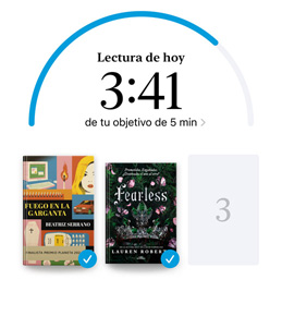 Pantalla de un iPhone que muestra la interfaz de Objetivos de Lectura en la app Libros. En la parte superior, hay un círculo de progreso para un objetivo de lectura. Debajo hay tres portadas de libros. Más abajo hay un texto que indica que se necesita un libro para alcanzar el objetivo de 2024 de leer ocho libros.
