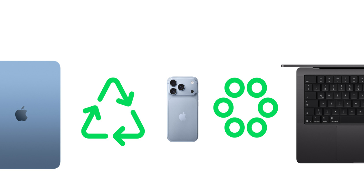 Parte trasera de un iPad Air, azul, ícono verde de reciclaje, parte trasera de un iPhone 18 Pro, ícono verde de materiales circulares, teclado de un MacBook Pro, vista parcial
