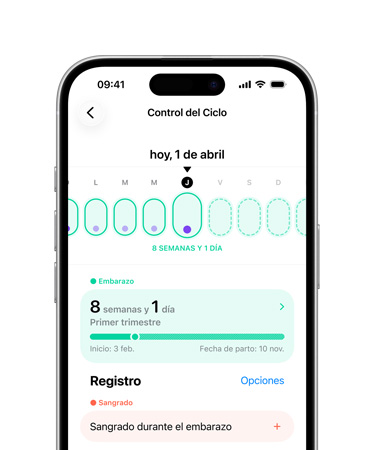 iPhone, Control del Ciclo en la app Salud configurada para llevar un registro de datos clave del embarazo