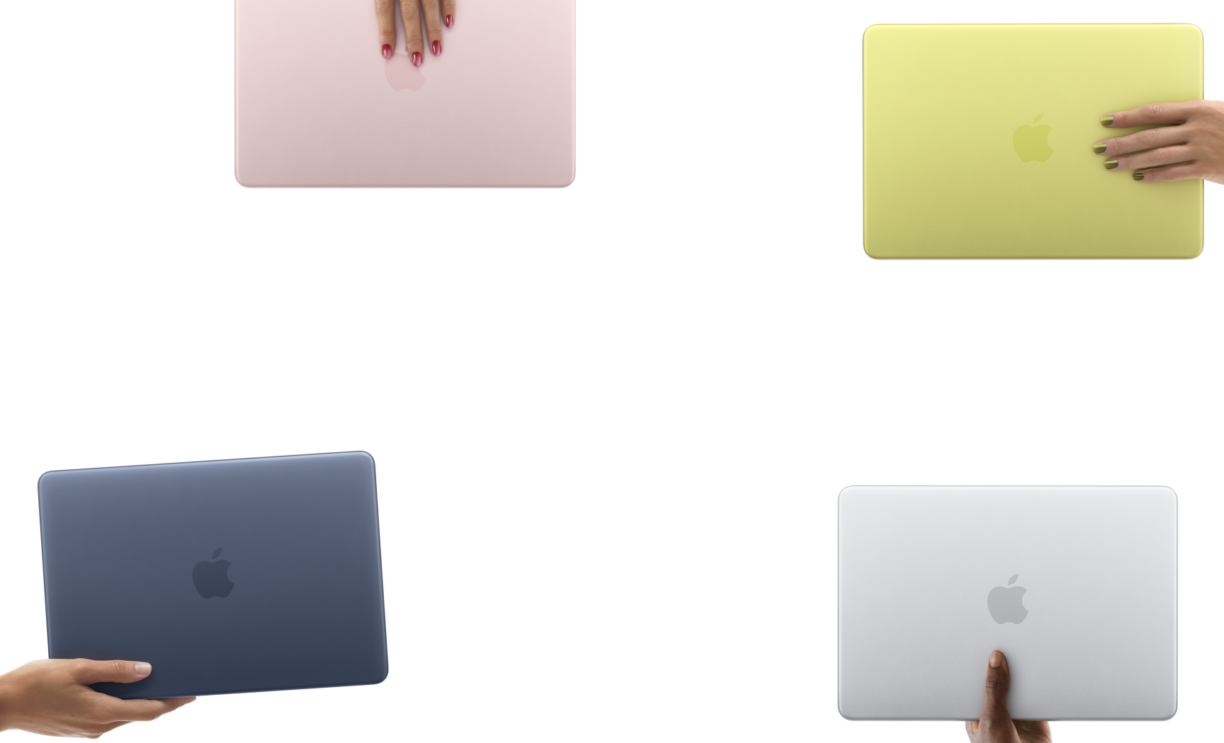 Notebooks MacBook Neo en distintos colores, cada uno en la mano de una persona diferente