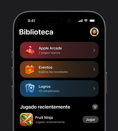 Imagen de la pestaña Biblioteca de Apple Games en un iPhone 17 Pro