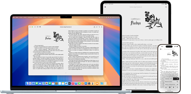 El MacBook Pro y el iPad Air muestran una página del mismo ebook en la app Libros.
