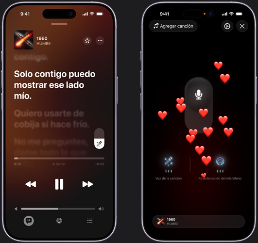 iPhone a la izquierda muestra el modo Apple Music Sing en el iPhone con la canción '1960' de HUMBE, el iPhone a la derecha muestra el modo Apple Music Sing en el iPhone con emojis de corazón que suben por la pantalla, el ícono de micrófono en medio de la pantalla, y los íconos de 'Voz de la Canción' y 'Reverberación del micrófono' en la parte inferior