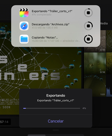 iPad Pro, parte frontal, en posición vertical, negro espacial, la pantalla muestra tareas en segundo plano: progreso de una exportación, un archivo descargándose, Notas moviéndose a Respaldo