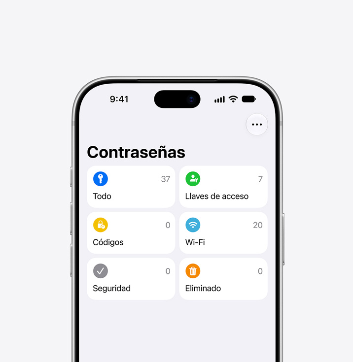 Pantalla de un iPhone que muestra el menú de Contraseñas con las opciones Todo, Llaves de acceso, Códigos, Wi-Fi, Seguridad, Eliminado