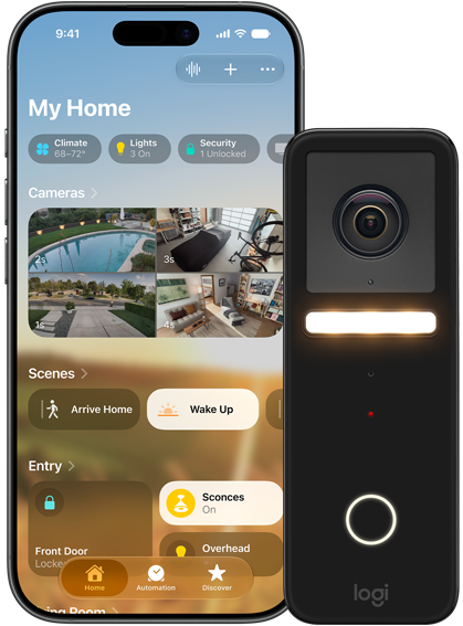 iPhone a bezpečnostní kamera používající Zabezpečené video HomeKitu.