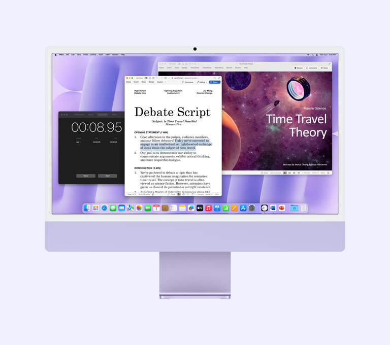 Fialový iMac: Na obrazovce jsou aplikace Microsoft Word, Microsoft PowerPoint a Hodiny.
