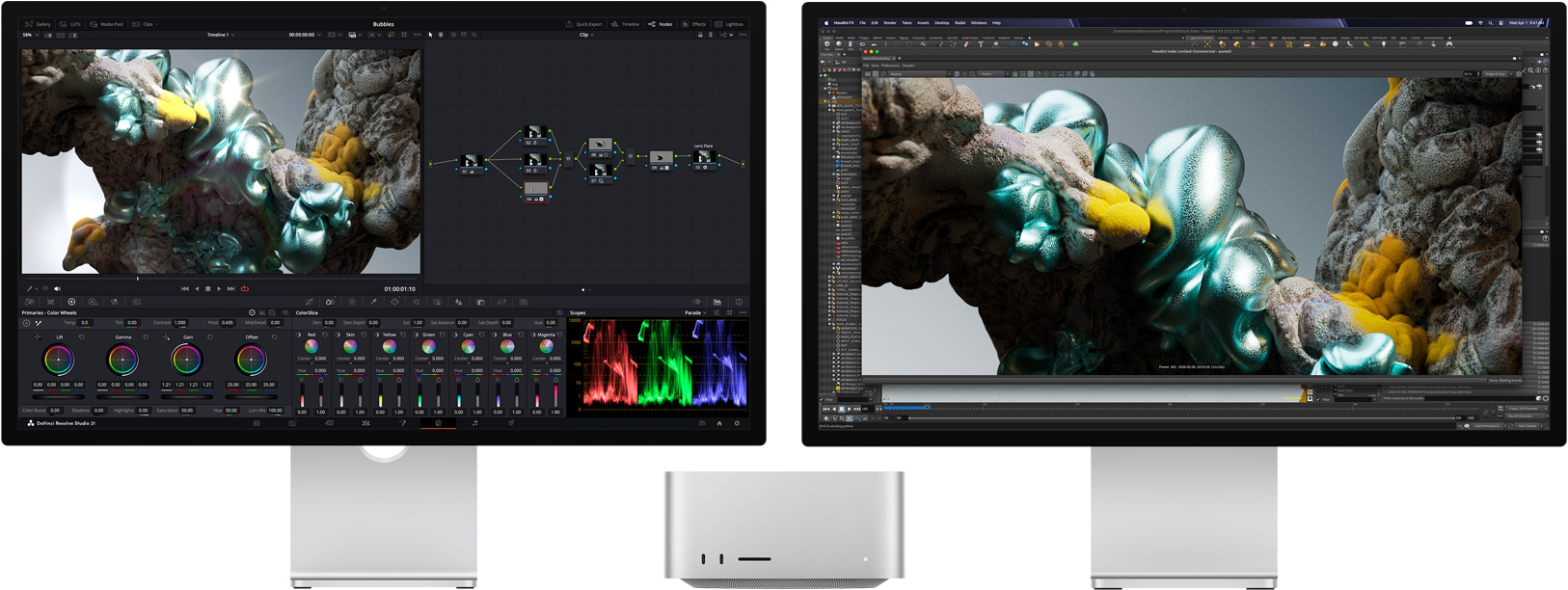 Studio Display, na obrazovce je DaVinci Resolve Studio s abstraktním pestrobarevným přiblíženým obrázkem, pohled zepředu na Mac Studio, Studio Display XDR, na obrazovce je Houdini a Maxon Redshift se stejným přiblíženým obrázkem