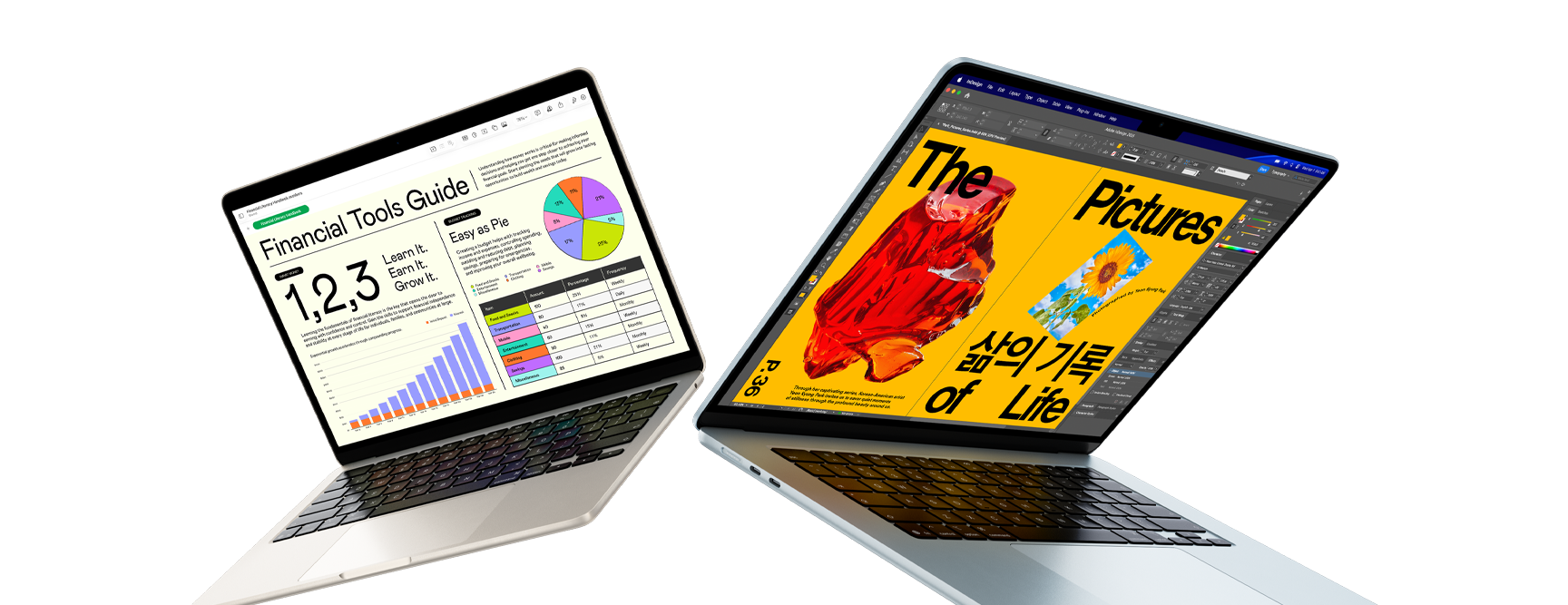 13palcový a 15palcový MacBook Air – jedna obrazovka znázorňuje rozpracovaný soubor v Numbers, druhá grafický návrh