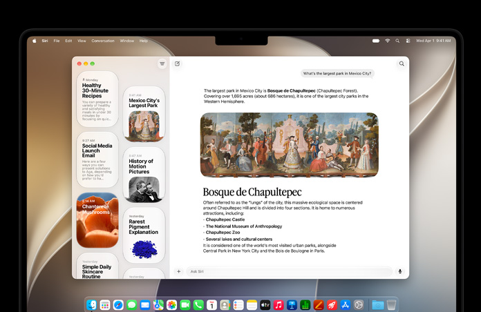 Vesmírně černý 14palcový MacBook Pro, na obrazovce je aplikace Siri s aktivní konverzací se Siri AI a předchozími konverzacemi na bočním panelu