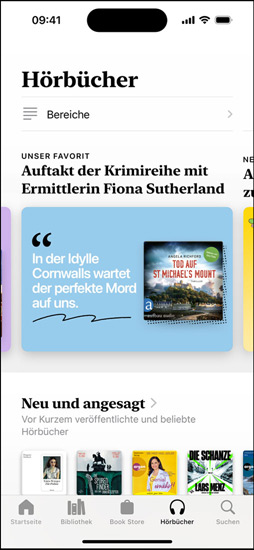 iPhone Bildschirm mit dem Bereich mit weiteren schwarzen Autoren in der Books App, der eine Einführung in Veröffentlichungen von schwarzen Autoren enthält. Darunter ist der Bereich mit neuen und demnächst erhältlichen Veröffentlichungen mit zwei Hörbüchern zu sehen