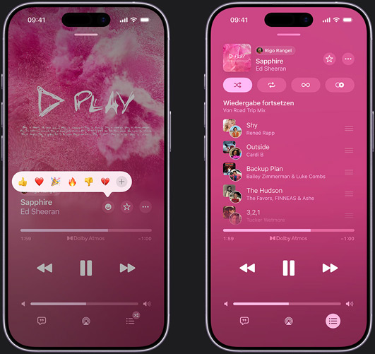 Ein iPhone auf der linken Seite zeigt „Sapphire“ von Ed Sheeran auf dem iPhone Display mit einer Emoji-Eingabeaufforderung als Reaktion und den Optionen „Daumen hoch“, „Herz“, „Feiern“, „Daumen runter“ oder „Weitere Reaktion hinzufügen“. Das iPhone auf der rechten Seite zeigt eine gemeinsame Playlist namens „Road Trip Mix“ mit mehreren Songs, die von anderen Mitwirkenden hinzugefügt wurden