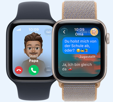 Apple Watch SE 3 Geräte, die Displays zeigen einen eingehenden Anruf von Papa, Nachrichten mit Oma, verbunden mit Sportarmband, Farbe Schwarz, Sport Loop, Farbe Chambrayblau (helles Blaugrau)