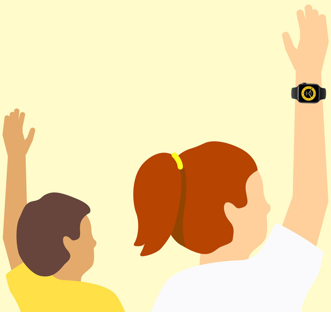 Illustration eines Kindes mit einer Apple Watch SE 3, das in der Schule die Hand hebt