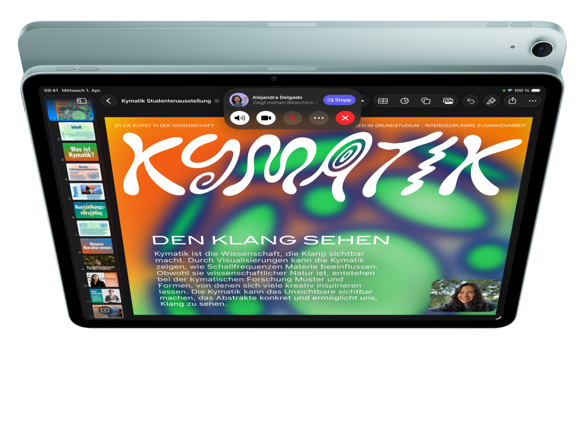 iPad Air, Vorderansicht, FaceTime und Keynote sind geöffnet, dahinter die Rückseite eines anderen iPad Air