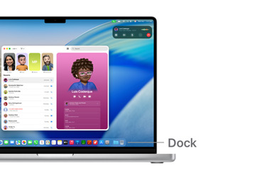 Eine Tour zur macOS Navigation auf dem 14" MacBook Pro mit Linien, die den Standort des Dock anzeigen.