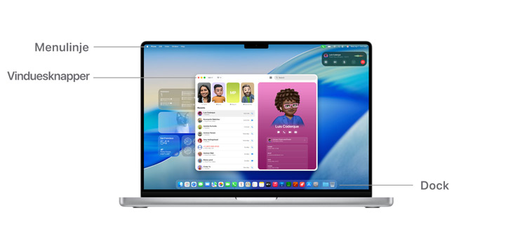 En præsentation af navigationsmulighederne i macOS med linjer, der angiver, hvor menulinjen, vinduesknapperne og Dock er placeret.