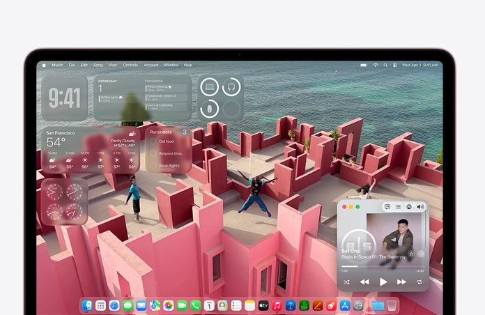 MacBook Neo ekraanil on rannikuäärse katuseterrassi taustapilt ja erinevad vidinad nagu Music, Calendar, Weather ja Reminders