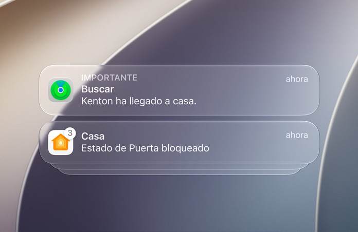 Pantalla de bloqueo con notificaciones de Buscar y Casa.