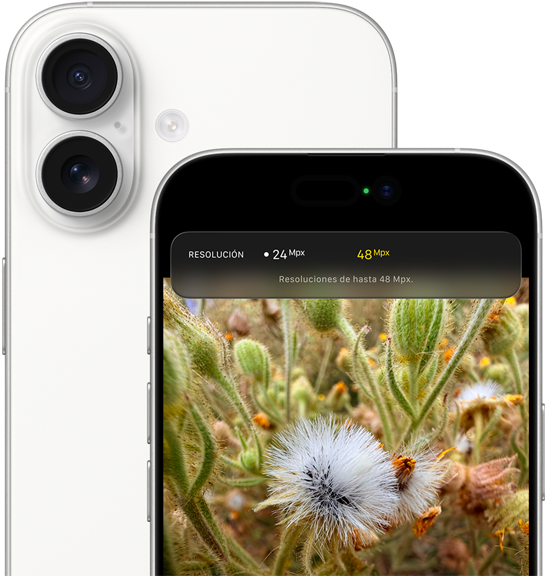 iPhone 17, parte trasera exterior, esquinas redondeadas, sistema de cámara dual Fusion en la esquina superior izquierda, color blanco, parte delantera exterior, Dynamic Island, esquinas redondeadas