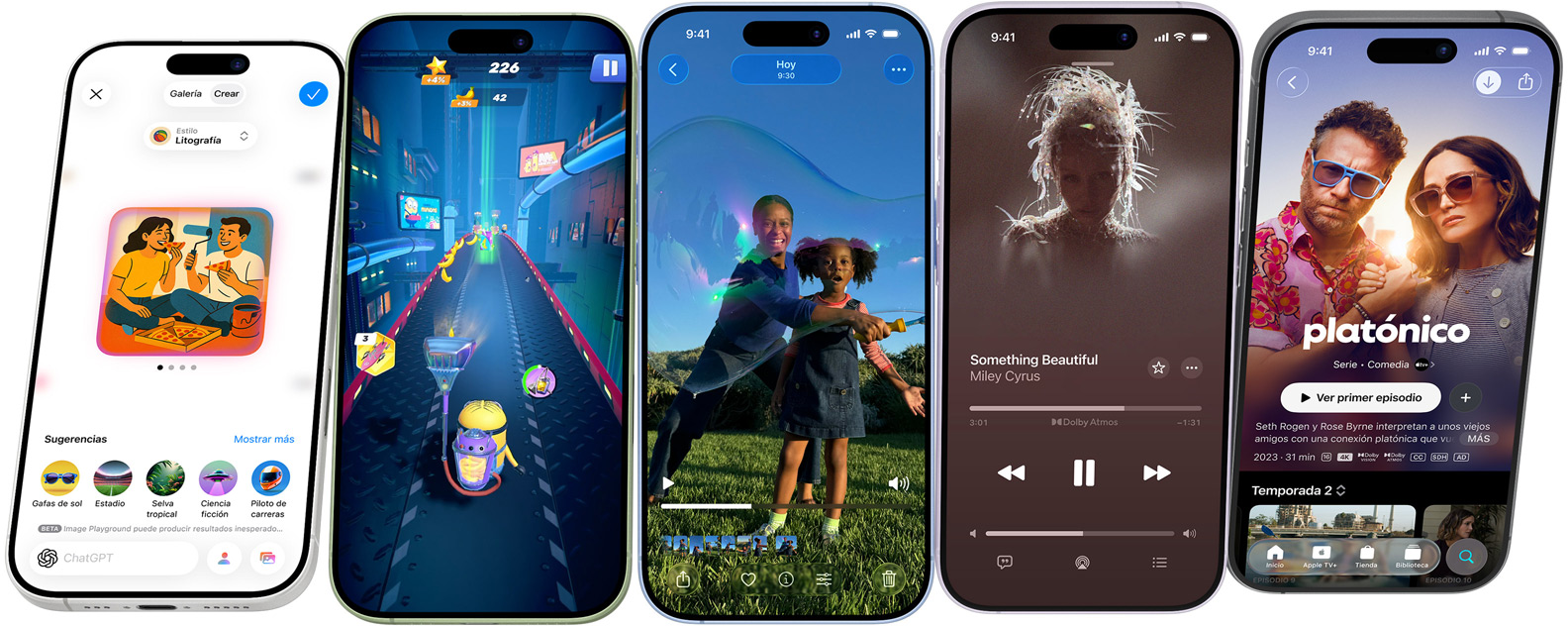 Dispositivos iPhone 17 que giran sobre un eje central y se detienen de frente mostrando prestaciones del iPhone en sus pantallas