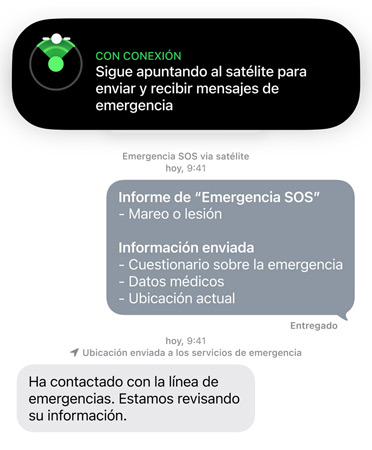 La prestación Emergencia SOS vía satélite en uso para avisar a los servicios de emergencia de que una persona está enferma o herida