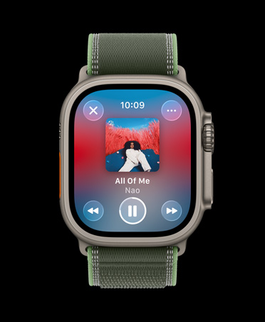 Apple Watch Ultra 3, titanium case, natural color, Apple Music, music and podcast suggestions, Trail Loop, green/neon color