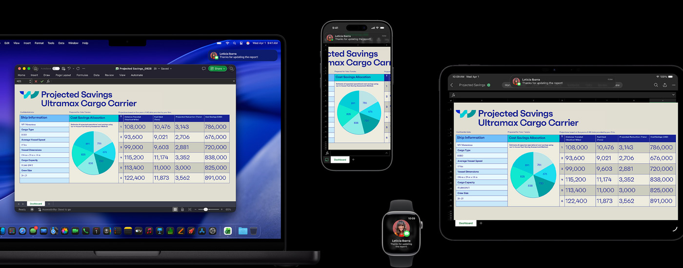Laskentataulukko ja tekstiviesti eri laitteiden näytöillä, kuten iPhonessa, iPadissa, Apple Watchissa ja Macissa, jossa on macOS Tahoe.