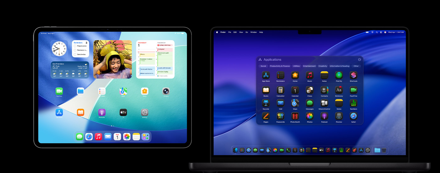 iPad ja Mac, joissa on erilaisia appikuvakkeita. iPadissa on useita widgettejä, kuten Kalenteri, Sää ja Kuvat. Macin taustalla on macOS Tahoe.