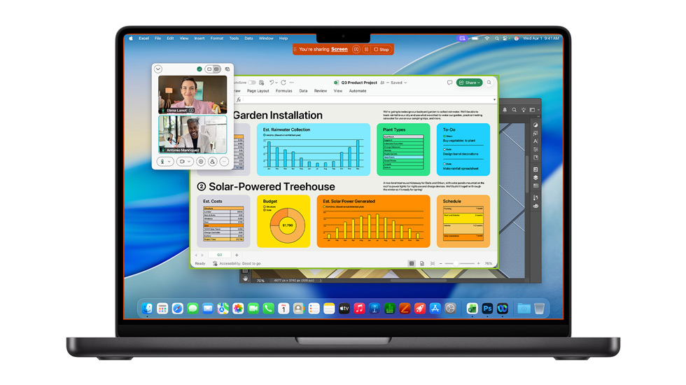 Macin näyttö, jolla on macOS Tahoe ja useita avoinna olevia appeja, mukaan lukien Webex ja Excel.