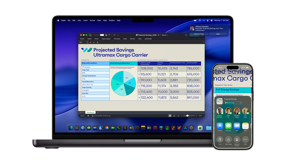 Macissa ja iPhonessa on avoinna Excel-tiedosto. Macissa on taustalla macOS Tahoe ‑näytönsäästäjä.