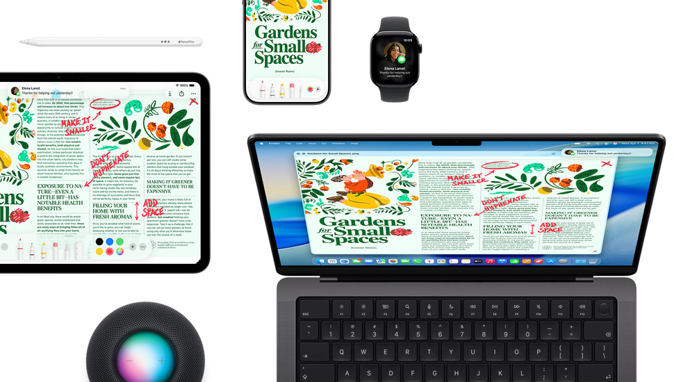 Valikoima laitteita, mukaan lukien iPad, iPhone, Apple Watch ja macOS Tahoe Macissa, kaikissa on sama aikakauslehtiasettelu.