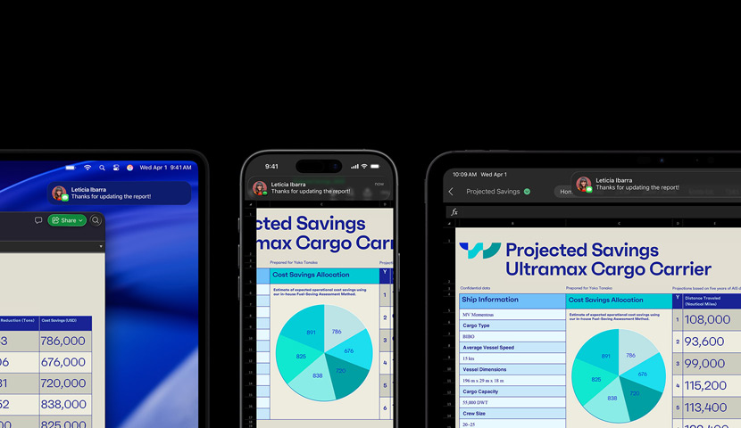 Laskentataulukko ja tekstiviesti eri laitteiden näytöillä, kuten iPhonessa, iPadissa, Apple Watchissa ja Macissa, jossa on macOS Tahoe.