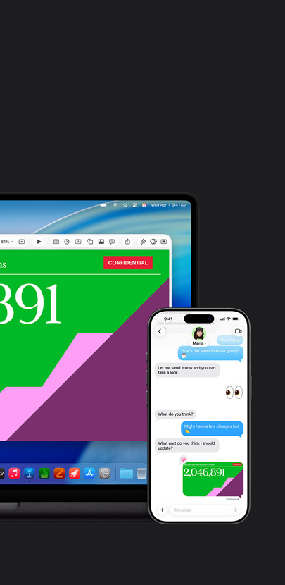 Mac, jossa on esitys ja macOS Tahoe ‑taustakuva. Macin edessä on iPhone, jossa on sama esitys viestikeskustelussa.